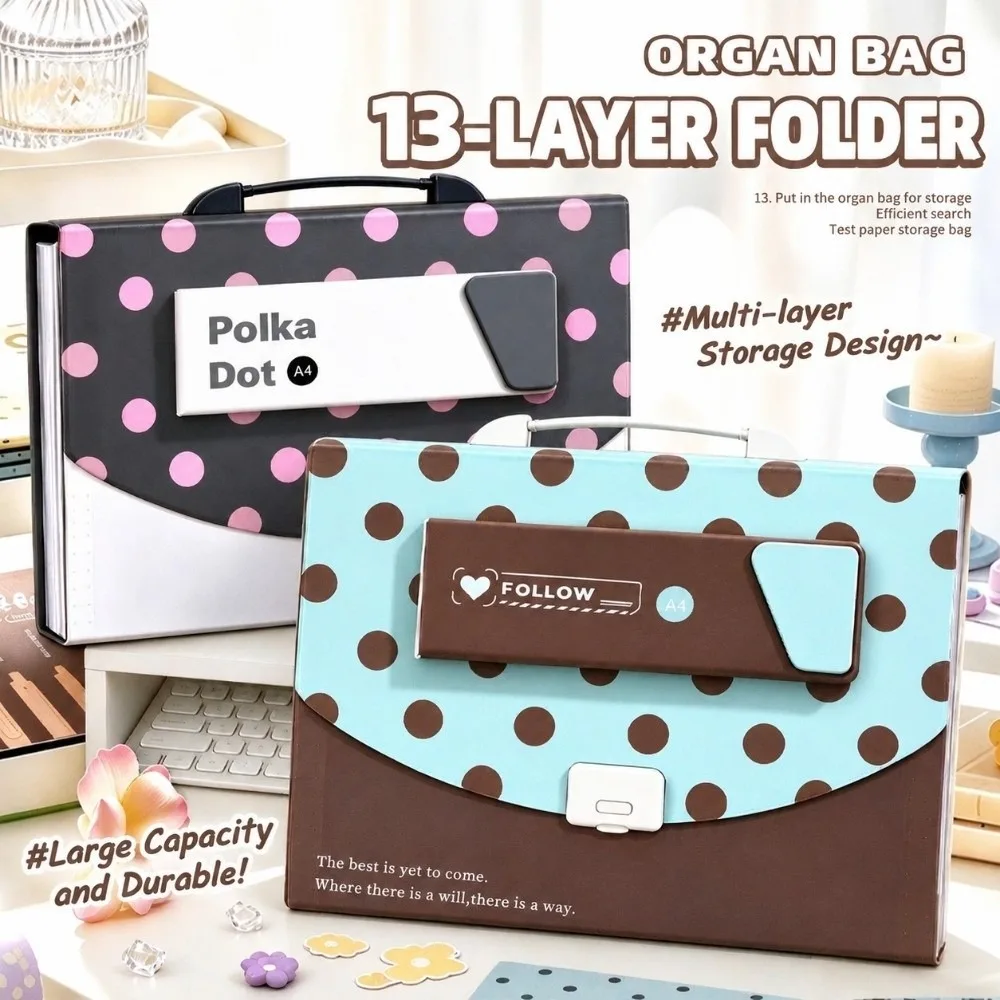 A4 Expanding File Folder Polka Dot Print Handheld Organ Bag 13 Pockets with Detachable Pencil Case Document Organizer