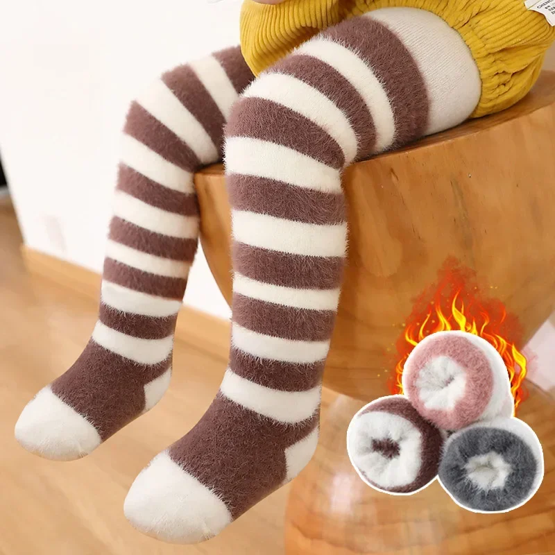 Striped Winter Plush Long Baby Socks Warm Boy Girl Knee High Socks Anti-Cold Toddler Kids Floor Socks