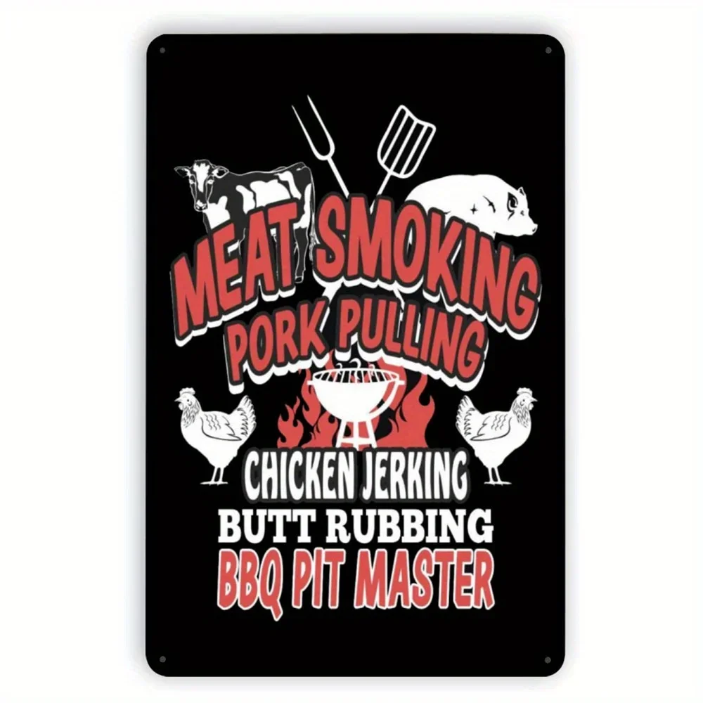 Metallic Tin Sign Meat Smoking Pork Pulling Chicken Jerking Butt Rubbing BBQ Retro Sign Wall Decoration for Cafe Restaurants Pub