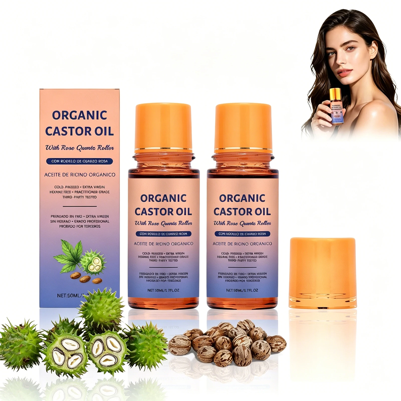Bio-Rizinusöl mit Rosenquarz-Roller, kaltgepresst, hexanfrei, hautberuhigend, feuchtigkeitsspendend für Gesichts- und Körperpflege.