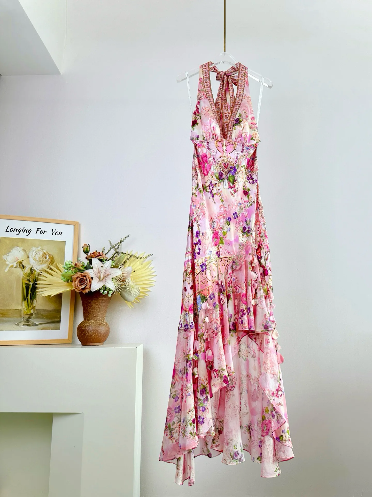 

EVACANDIS 100% натуральный шелк женское сексуальное платье миди с лямкой на шее и цветочным принтом с открытой спиной, высокое качество, элегантное милое пляжное платье с кисточками