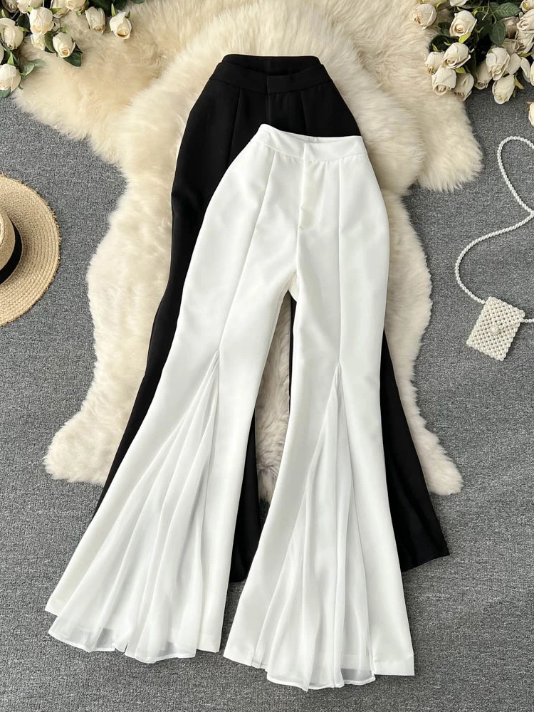 Outono mulheres malha retalhos irregulares alargamento calças femininas elegante cintura alta estilo rua calças nova moda