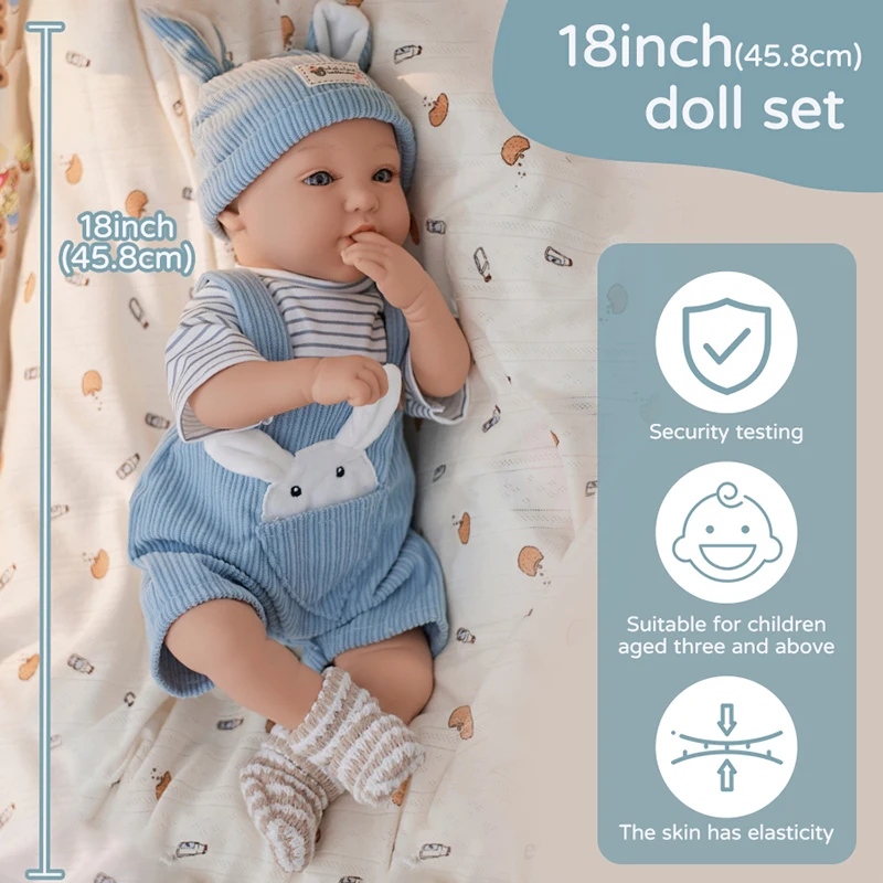 18インチのかわいいリボーンドール、ビニール素材製、リアルな人形、衣類セット付き、誕生日プレゼント、ホリデーギフトに最適