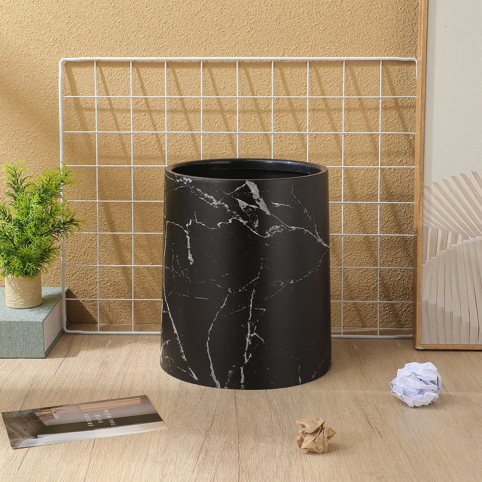 

Double Layer Marble Waste Container Plastic Trash Bin Large Opening Easy Clean Stylish Home Storage Bin Garbage Container