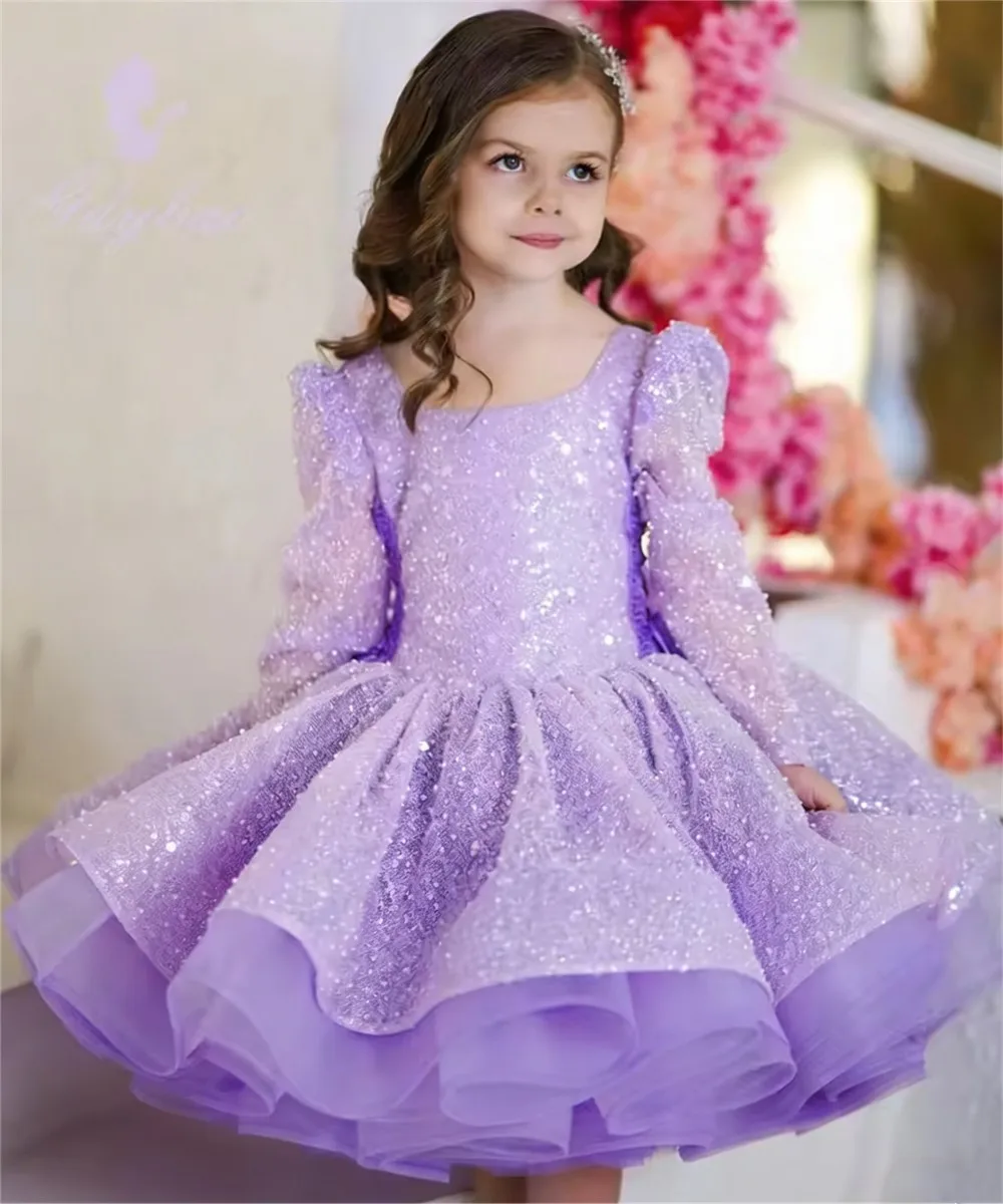 Luxe bloemenmeisje trouwjurk lovertjes met strik volledige mouwen knielengte kinderverjaardagsfeestje eerste communiejurk op maat