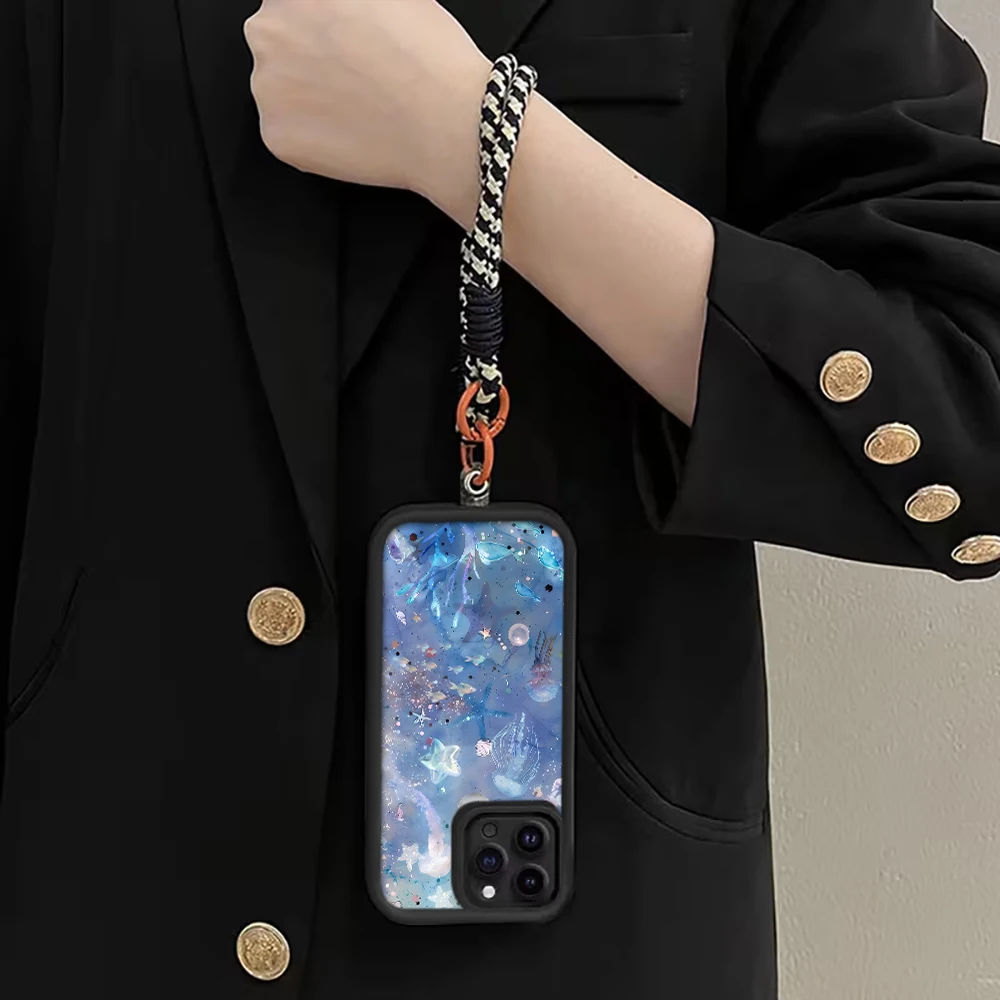 Blau-Lila Quallen-Handyhülle mit Trageschlaufe für iPhone 12 13 14 15 16 17 Pro Max 15 14 Plus 17 E Stoßfeste Matte Silikonhülle – Detail 4