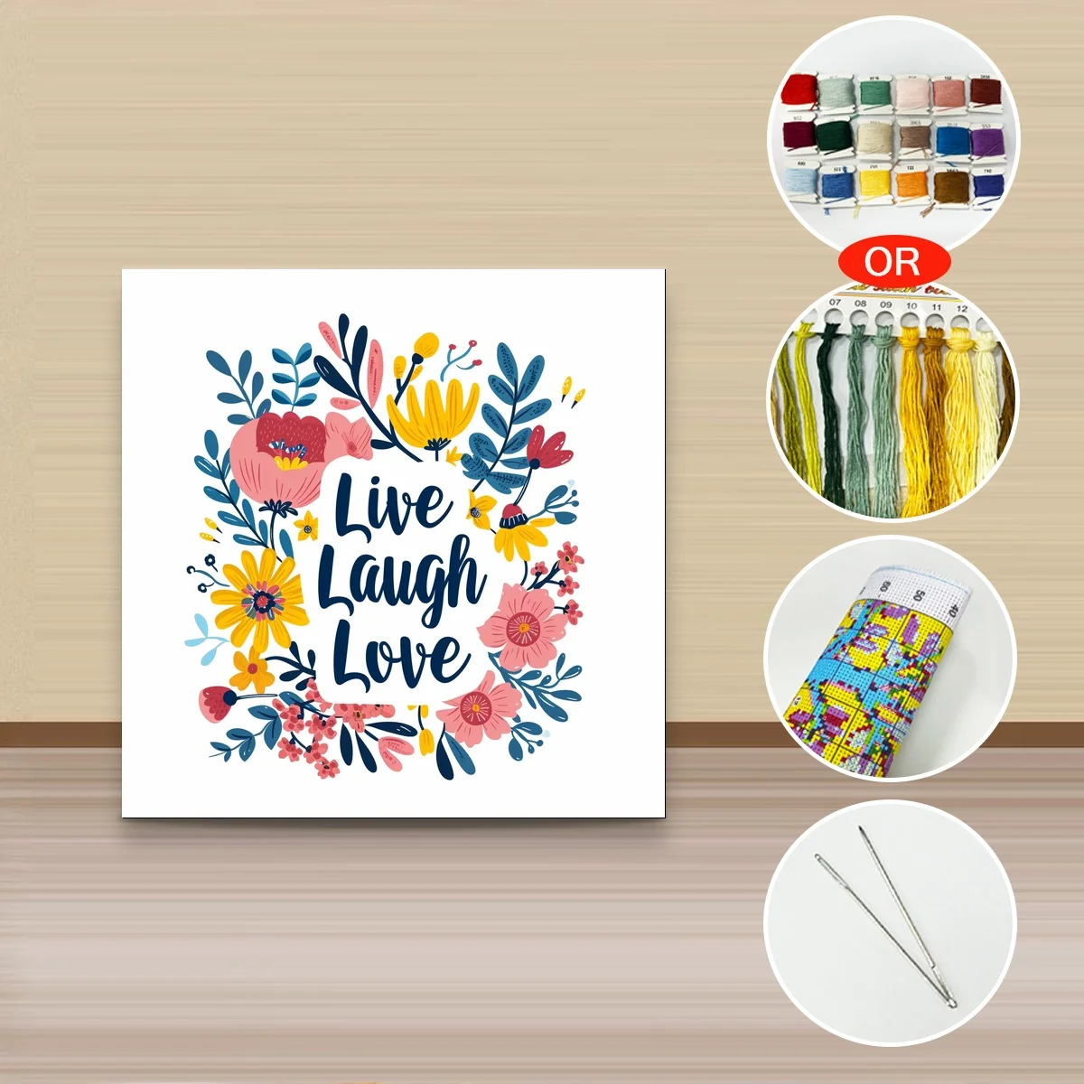 1 Stück 30x30 cm/11,8 Zoll, 11Ct/14Ct Kreuzstich-Set, DIY Valentinstagsgeschenk, Stickerei-Set für Festlichkeiten, Live Laugh Love Floral – Detail 3