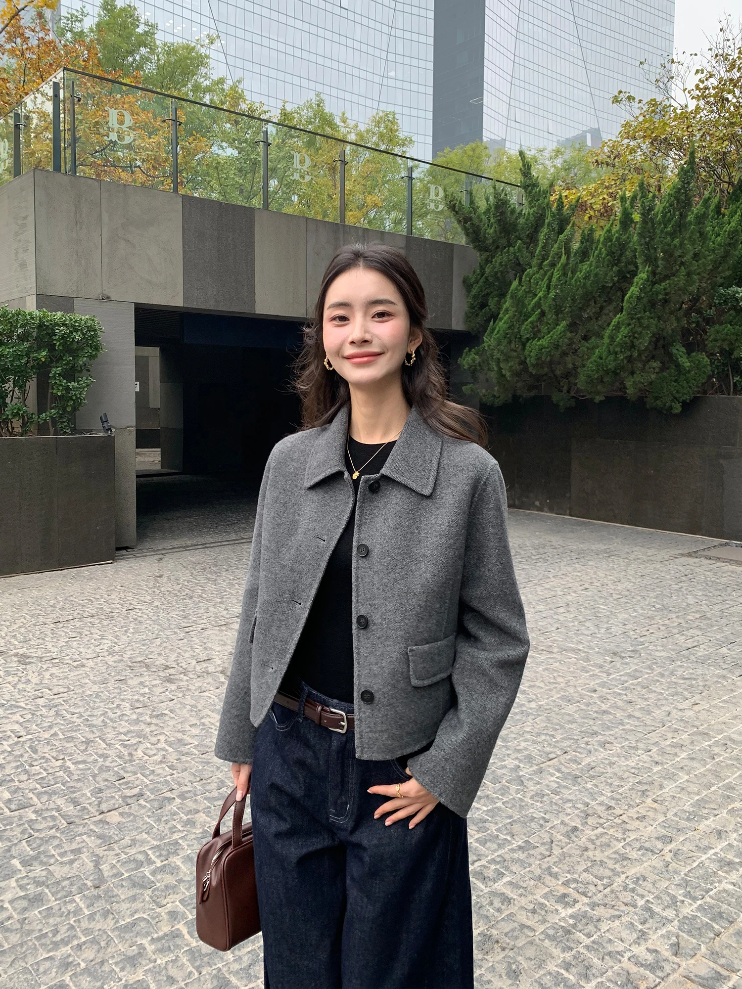 

Pusumede Gentle 00% Woolen Tweed Jaet Women's Ele Silhouette ort Double-Sided Tweed Outerwear Casual Sle