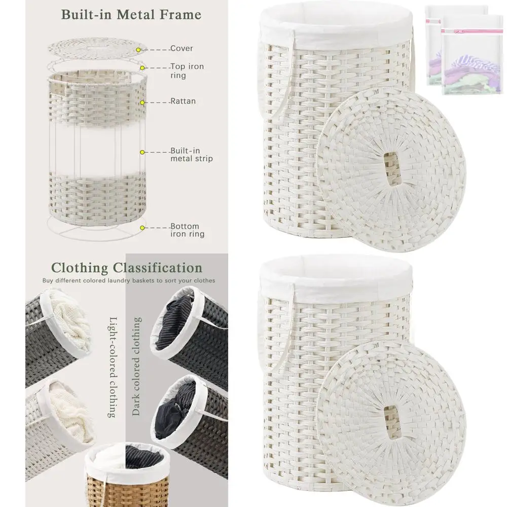 

Round Rattan Laundry Basket with Lid and Handles, 29.1 Gal Capacity, Woven Hamper for Bathroom or Living Room, White