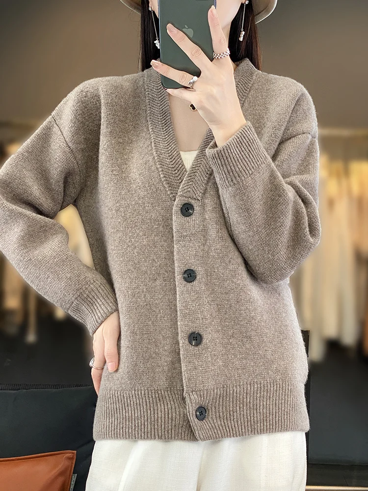 

2024 New Women Thick Cardigan Autumn Winter V-Neck Cashmere Sweater 100% Merino Wool Knitwear Soft Warm Popular Preppy Style Top