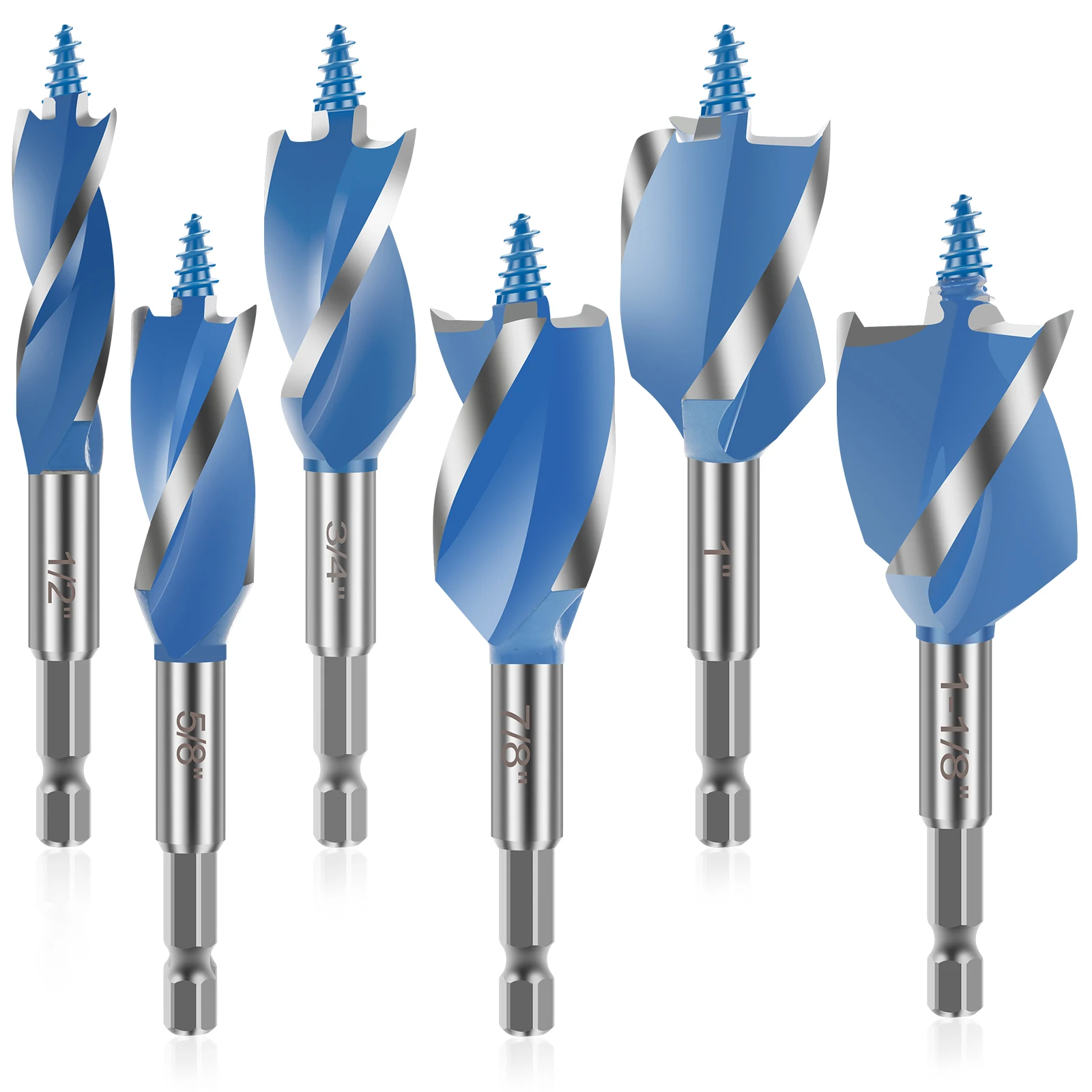 

Woodworking Auger Drill Bit Set ‎1/2", 5/8", 3/4", 7/8", 1" and 1-1/8" Inch Impact Wood Drill Bit with Hex Shank Quick Change