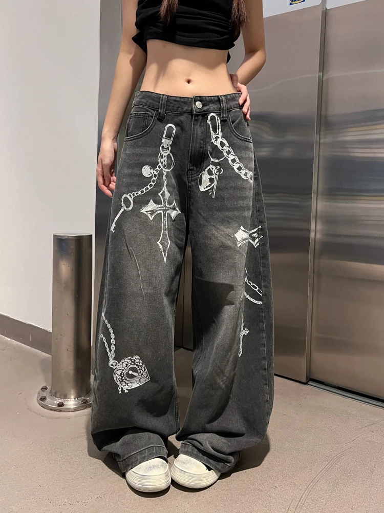 

77lin American Retro Wide Leg Jeans Men Women Casual Loose Comfortable All Match Autumn Winter Print Cotton Denim Pants