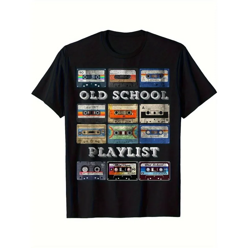 Men's retro 80s to 90s cassette tape and VHS Beta/SVHS printed T-shirt featuring vintage playlist design and 80s/90s music icons