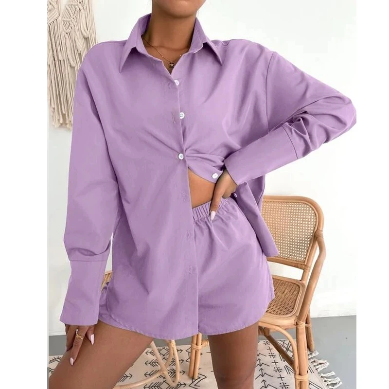 

Casual Button-up Loose Shirt Suits Summer Outfits for Women 2023 Long Sleeve Women Blouse Two Pieces Sets Female Clothing 26310