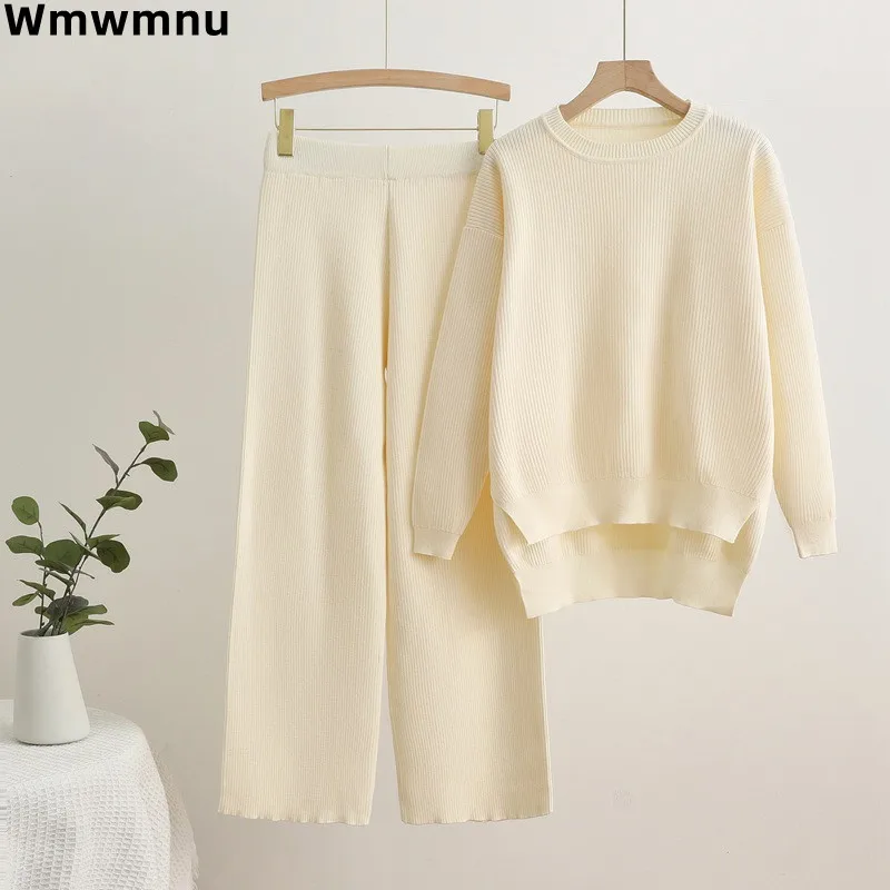 Fall Winter Elegant Women Knitted 2 Piece Sets Warm Korea New Casual 0-neck Sweater Tops Conjunto Soft High Waist Pants Outfit