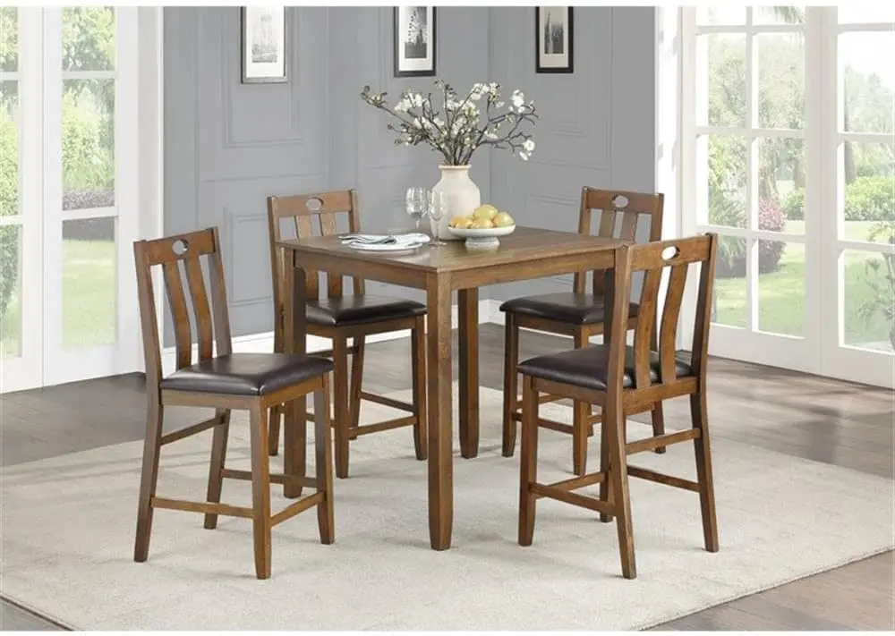 Pemberly Row Rustic 5 Piece Wooden Counter Height Bar Table Set With Faux Leather Upholstered Pub Chairs, Compact Farmhouse