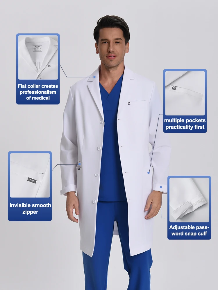 Camice Medico KUNGFU SCRUBS per Uomo, Camici da Laboratorio a Maniche Lunghe, Abbigliamento da Lavoro Medico Monopetto per Laboratori, Ospedali e Cliniche