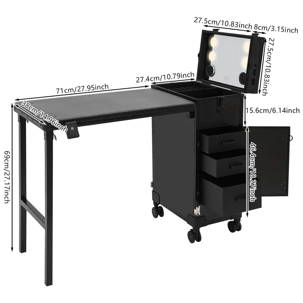 Drawers Rolling Makeup Train Case, 4 IN 1 Cosmetology Nail Trolley Cart on Wheels, Salon Station Organizer, Heavy Duty Make