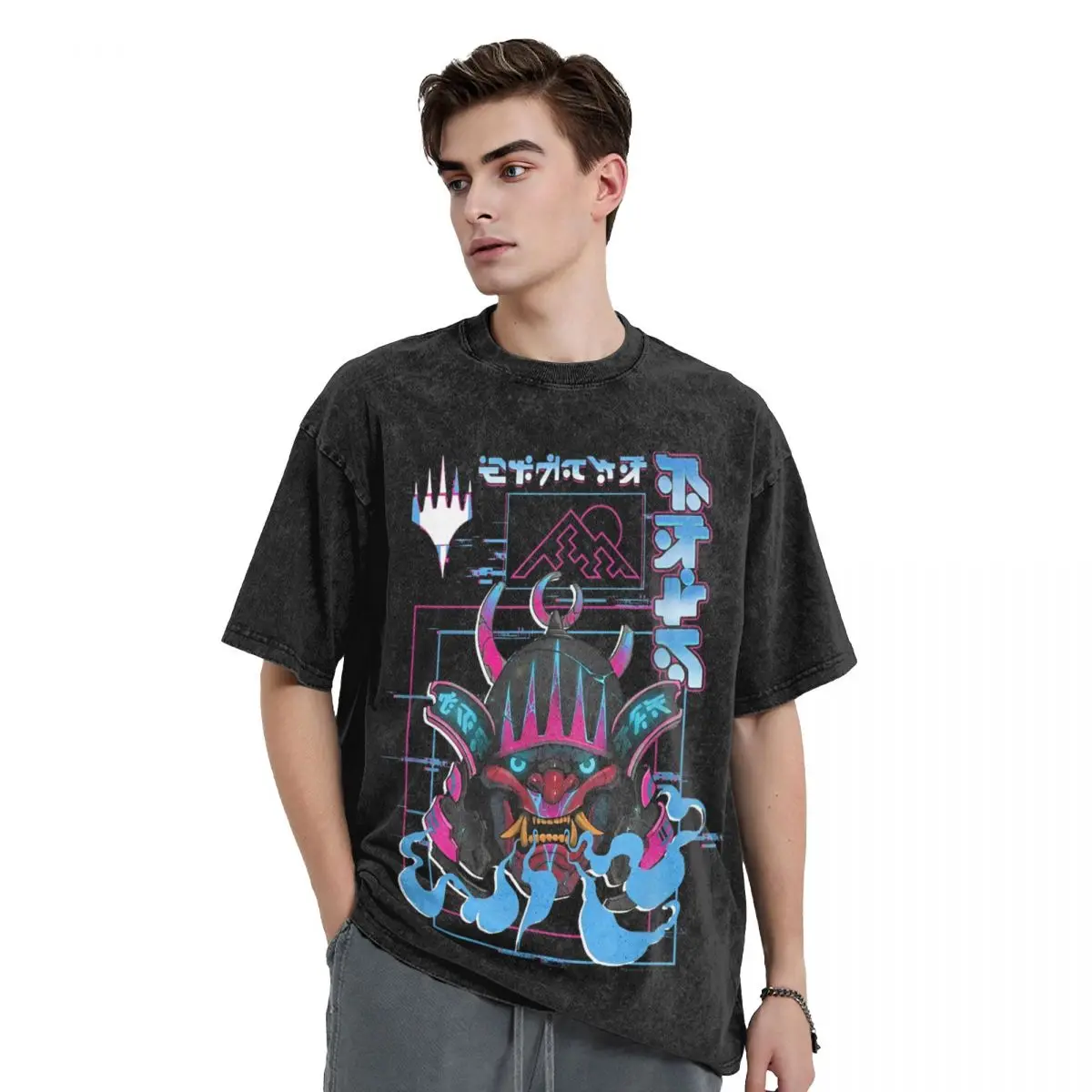 Magic The Gathering Kamigawa Neon Samurai Poster Washed T Shirts Streetwear T-Shirts for Men Women Cotton Harajuku Printed Tees