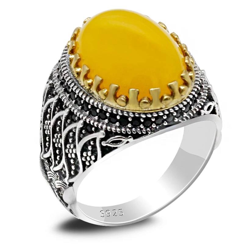 New Hot Selling 925 Sterling Silver Ring men's Yellow Agate Ring Unisex Ring men's Senior Jewelry set Lovers Ring Woman For Ring