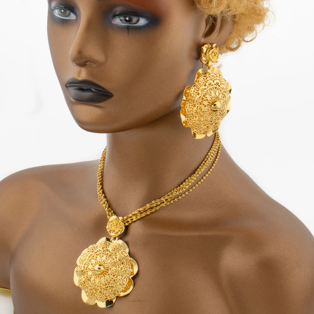 Dubai Gold Color Jewelry Set with Gift Box Exaggerate Flower Design Dangle Earrings and Necklace with Bangle Ring Set for Party