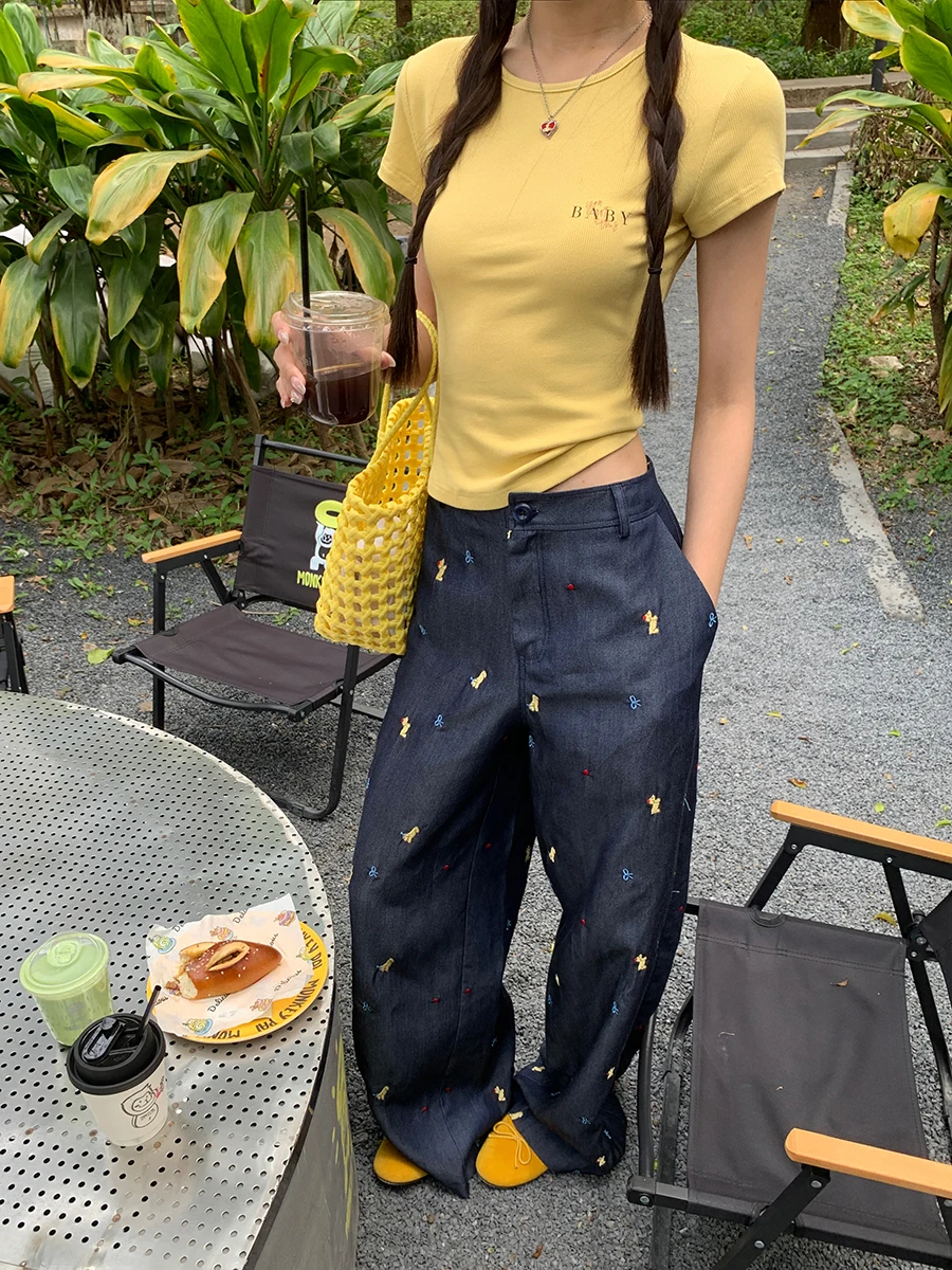 

Свободные широкие брюки женские синие повседневные с высокой талией, летние, новинка, удобные, прямого кроя