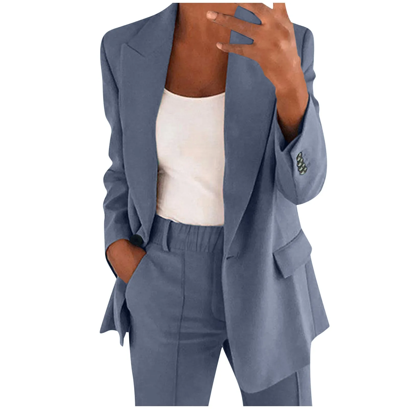 Women'S Two Piece Lapels Suit Set Office Business Loose Long Sleeve Button Formal Suit Jacket Slim Pockets Straight Trouser Suit