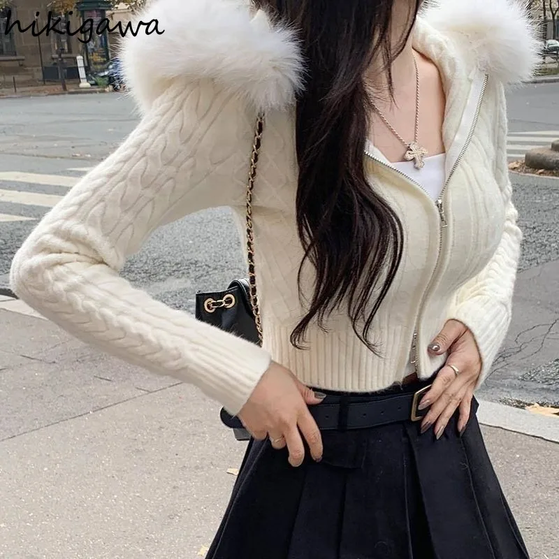 Hooded Cropped Cardigan Coar Women Clothing Sueter Mujer Tunic Solid Color Zipper Pull Femme Fashion Casual Knitted Sweater Tops