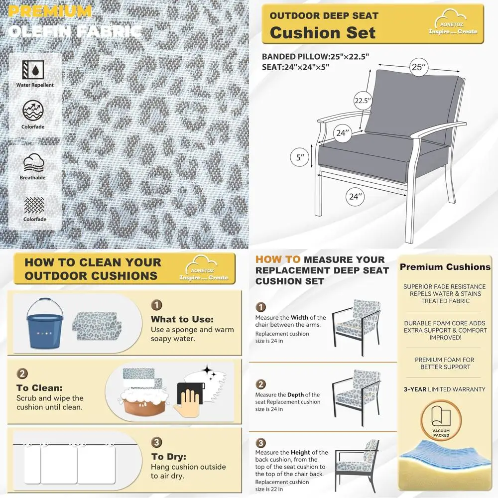 

24-квадратный комплект подушек для глубокого сиденья на открытом воздухе, ткань Olefin, устойчивый к атмосферным воздействиям со съемным чехлом