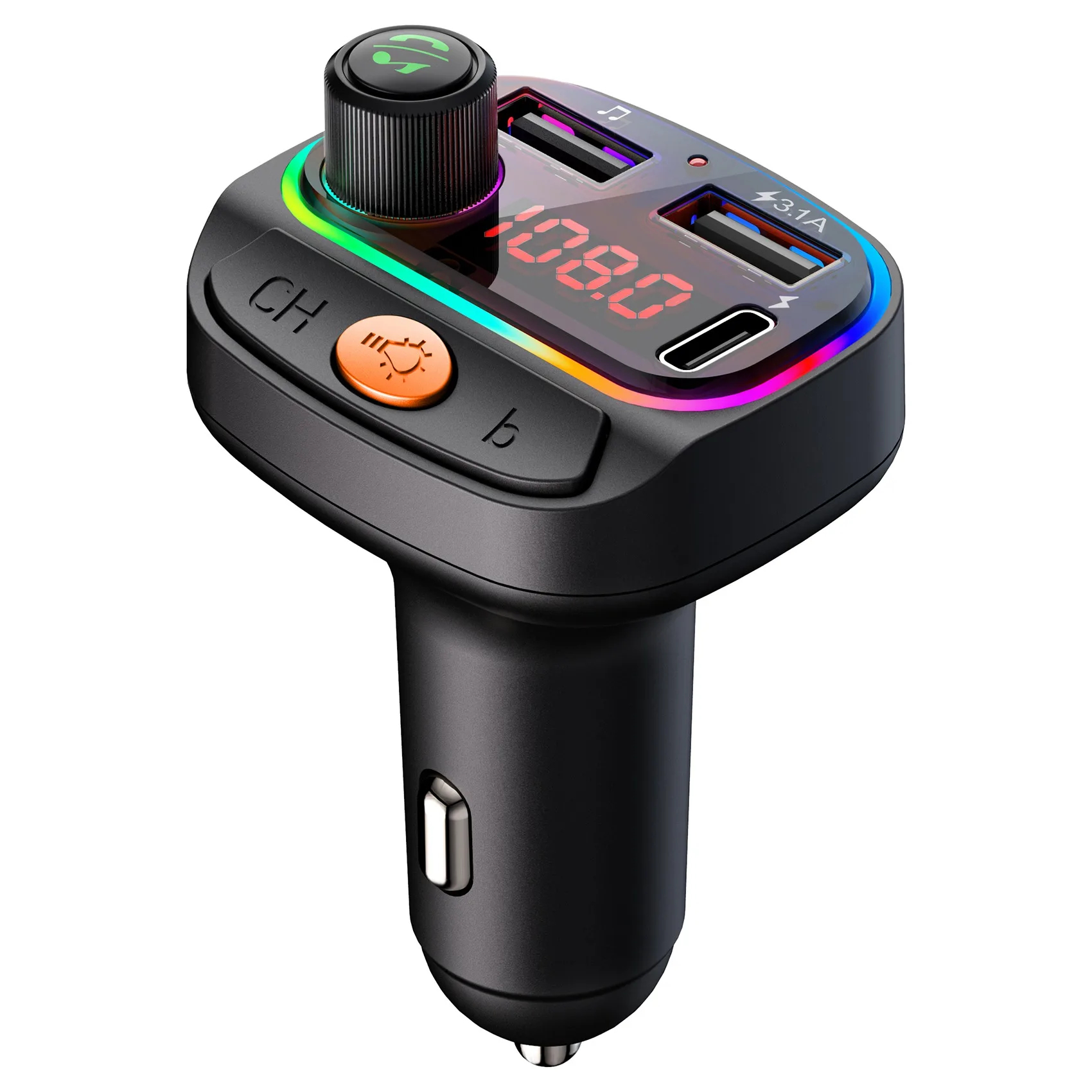 Bluetooth FM Transmitter for Car 3.1A Type-C Quick Charger 7 Color Backlit Car Radio MP3 Music Player C15 Black