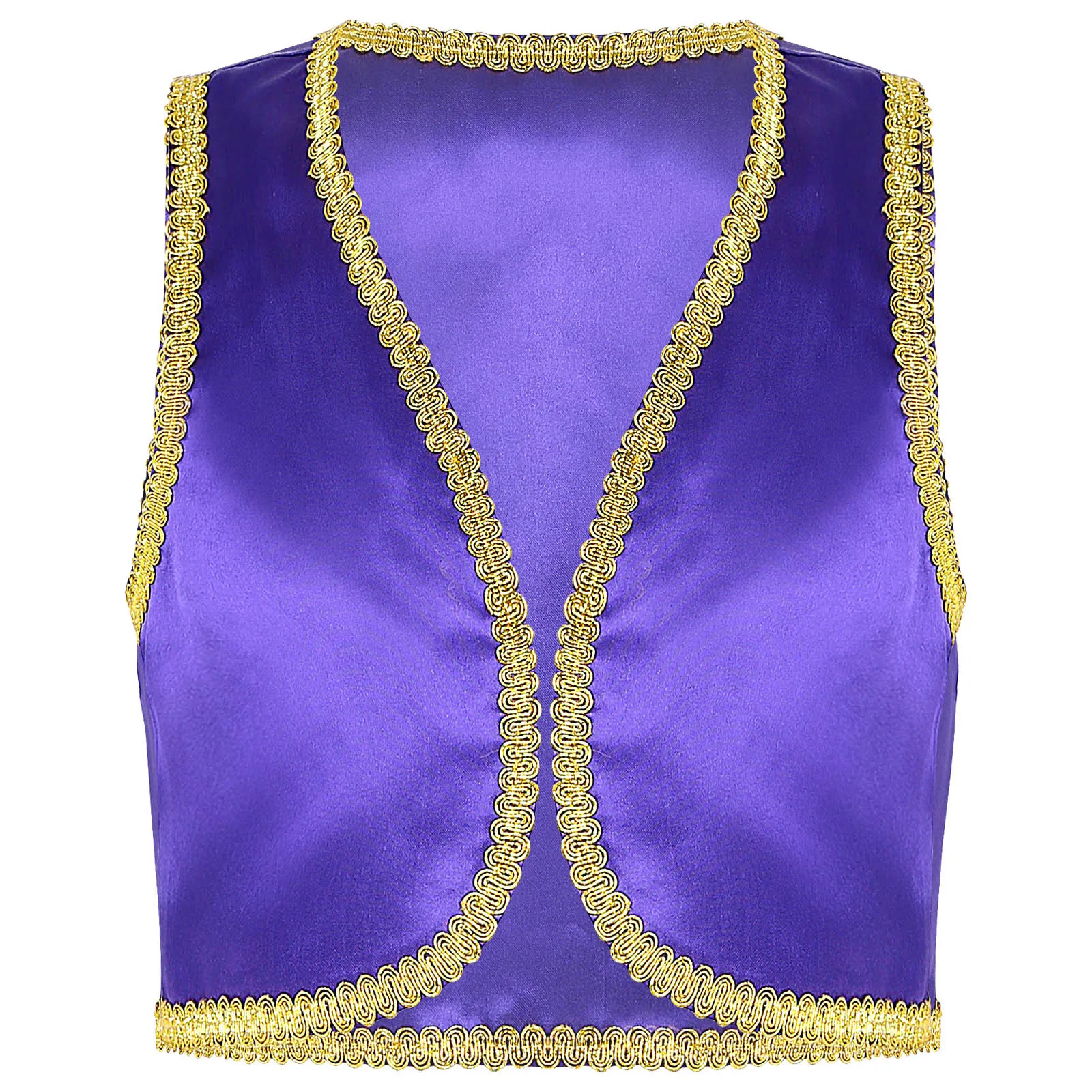 

Fairytale Arabian Prince Waistcoat Kids Boys Halloween Party Cosplay Costume Sleeveless Open Front Golden Braided Trimmings Vest