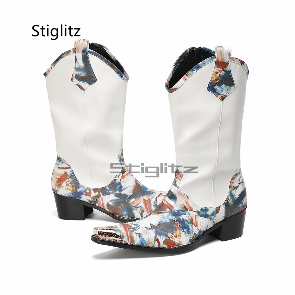 

Men's Prints Riding Boots Pointy Toe Side Zip Graffiti High Heels Genuine Leather Western Boots Punk Handmade Business Shoes