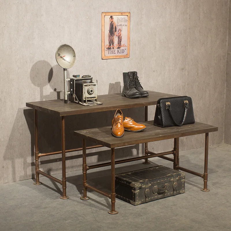 Clothing store retro wrought iron wood high and low watertable, clothingrack displayrack, bagrack, shoerack, middle island