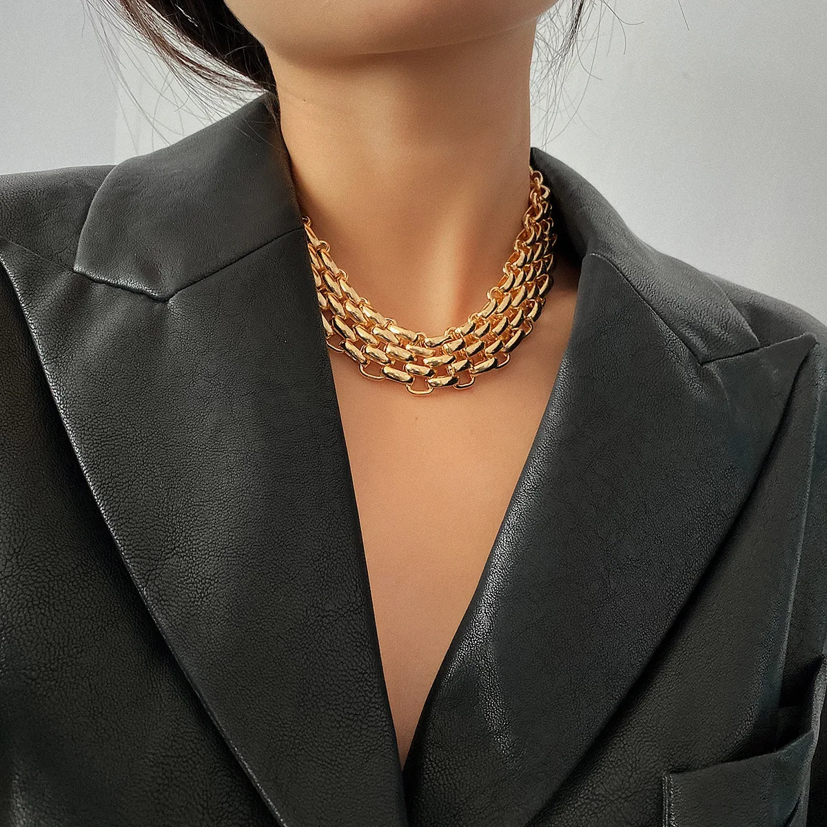 Chunky Chain Necklace Cross Geometric Pendant Punk Mesh Wide Choker Sturdy High Quality Street Jewelry Women Gold Tone
