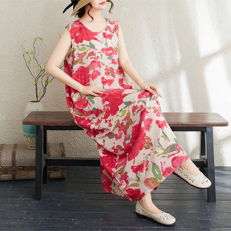 

Summer Artistic Loose plus Size Women's Vest Dr Purple Red Flower over Knee Long Skirt Cotton High Waist Gown without Sve