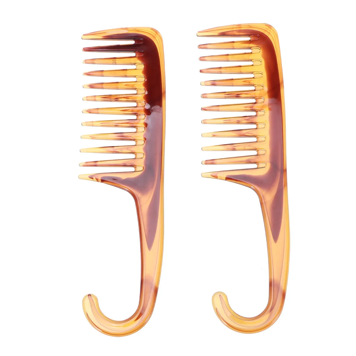 

2Pcs Curved Handle Hair Comb Amber Color Hairdressing Styling Tools Wide Teeth Professional Anti-Static Hairstyle Comb Retro