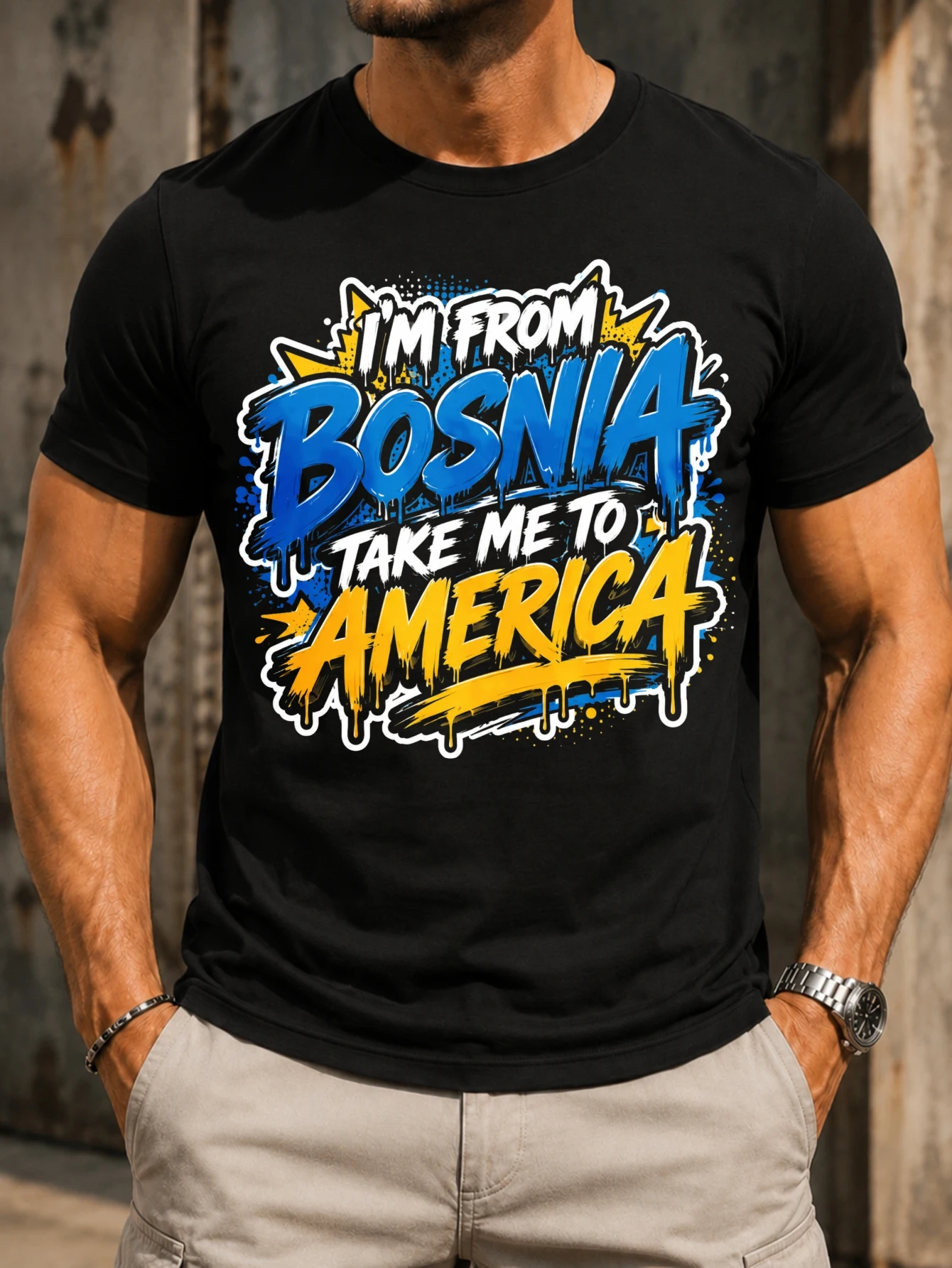 T-shirt unisexe « m From Bosnia Take Me To America » avec lettres graffiti, éclaboussures, contours bleus et jaunes, style streetwear