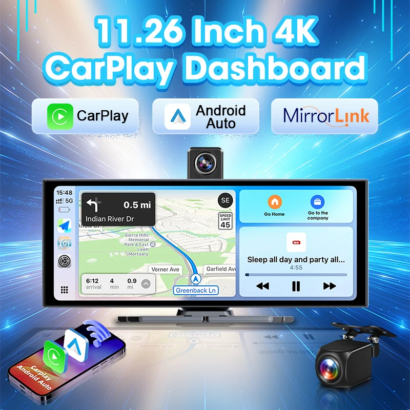 Develuck 11.26 بوصة ADAS Car DVR 4K Dash cam 350 °   كاميرا أمامية قابلة للدوران Carplay Android Auto Dual Lens Registrar Siri Voice Control