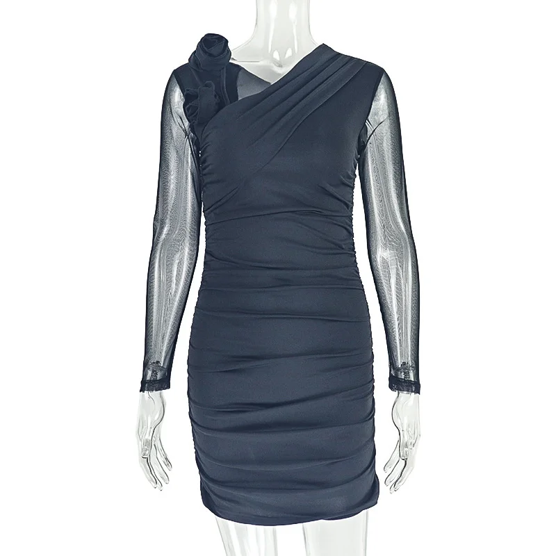 Elegancka, dopasowana mini sukienka damska z długim rękawem, siateczkowymi wstawkami, na jedno ramię, marszczona, w jednolitym kolorze, do biura, na imprezę, do klubu, nowość 2025