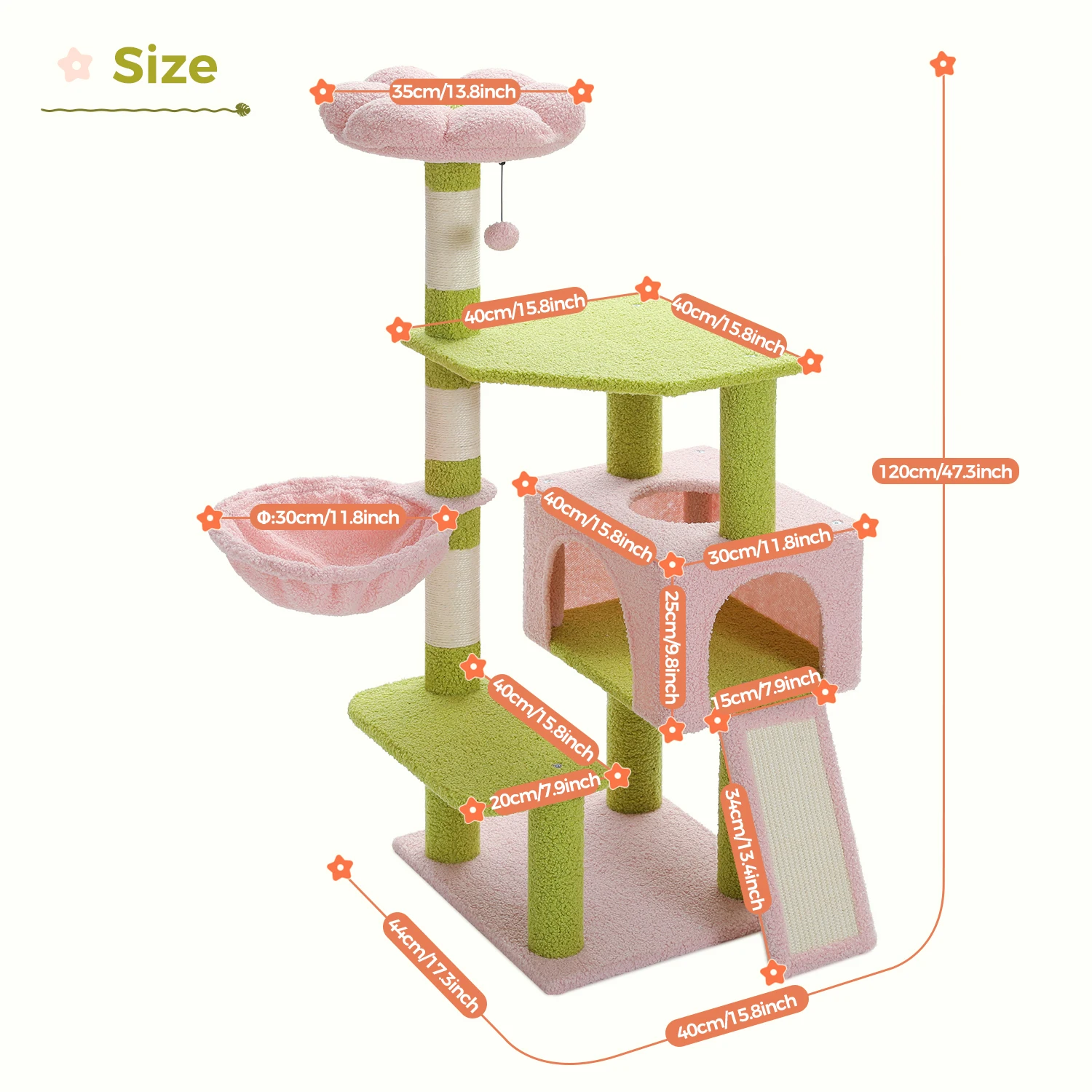 120cm Multi-Level Flower Cat Tree Tower with Sisal Scratch Posts Ramp Top Perch and Fluffy Ball for Small to Medium Indoor Cats