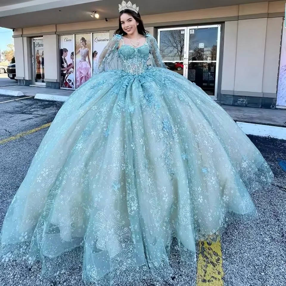 فساتين Quinceanera الأزهار الكرة ثوب طويل الأكمام يزين الحلو 16 فساتين 15 Años المكسيكي حسب الطلب