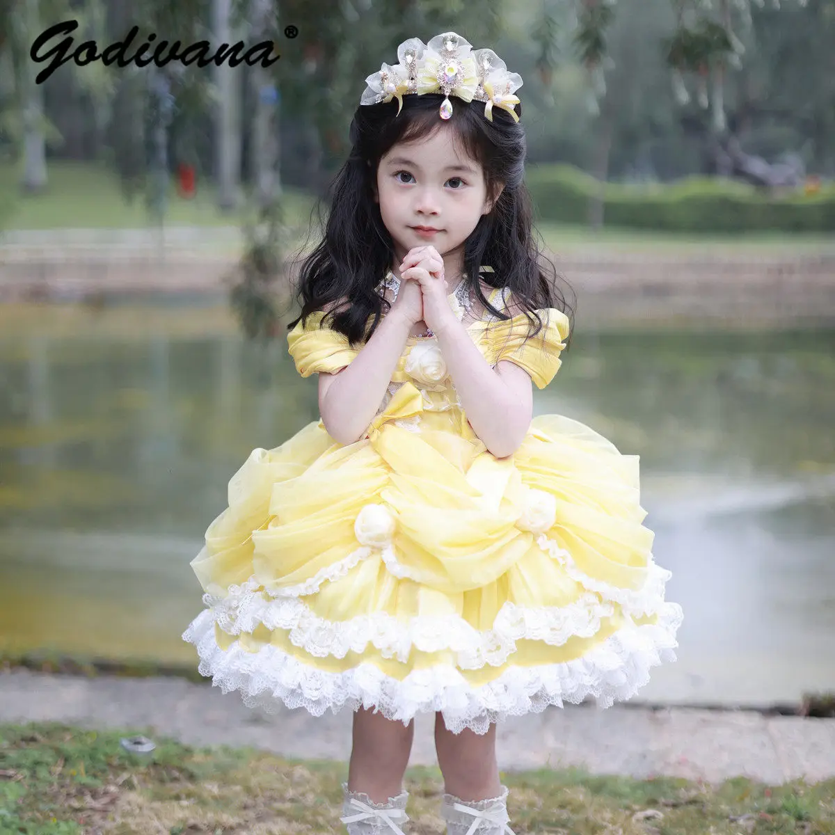 Original Kids 2026 New Summer High End Heavy Princess Lolita Dress Sweet Baby Girl Bow Floral Lace Trim Cake Birthday Party Gown
