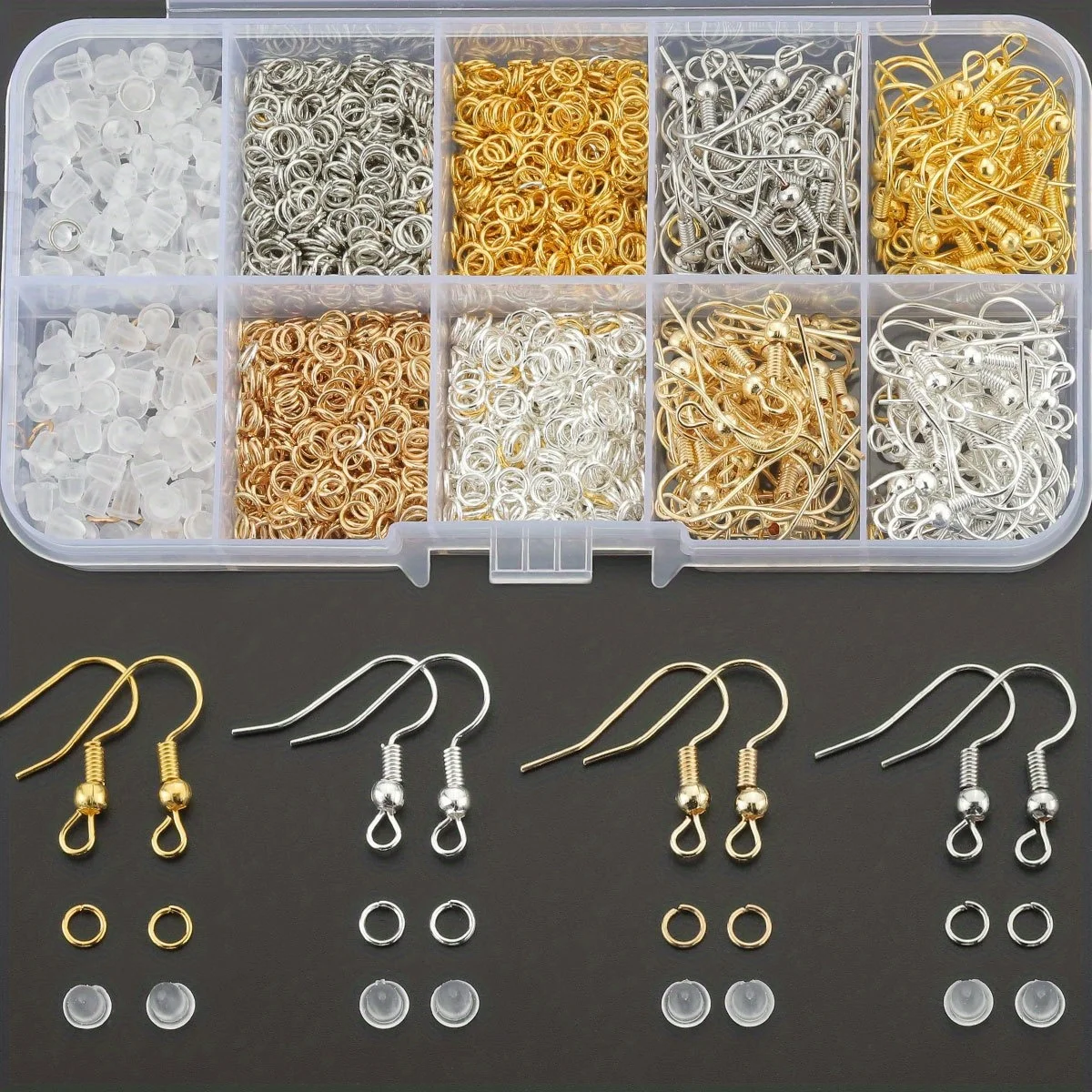 1960 PCS/BOX Jewelry Making Parts Set Includes Ear Hooks, Open Rings and Ear Tips, Suitable for Handmade DIY Earring Jewelry Mak