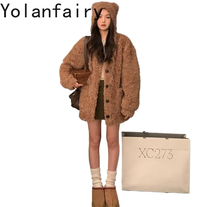 YOLANFAIRY 100% Wool and Sheep Shearling Fur Coat Womens New in Outwears Women Clothes Winter Fashion Coats Пальто Женское