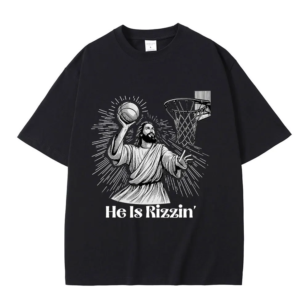 Funny Baskerball Jesus Meme T Shirt He Is Rizzin Christian Easter T-shirt Men Casual 100% Cotton Oversized Tee Shirt Streetwear