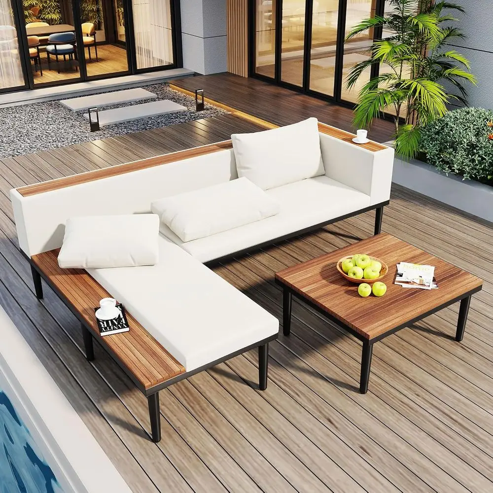 Elegant Outdoor Acacia Wood L-Shaped Sectional Sofa Set with Side Table, Weather-Resistant with Removable Cushions for Patio or
