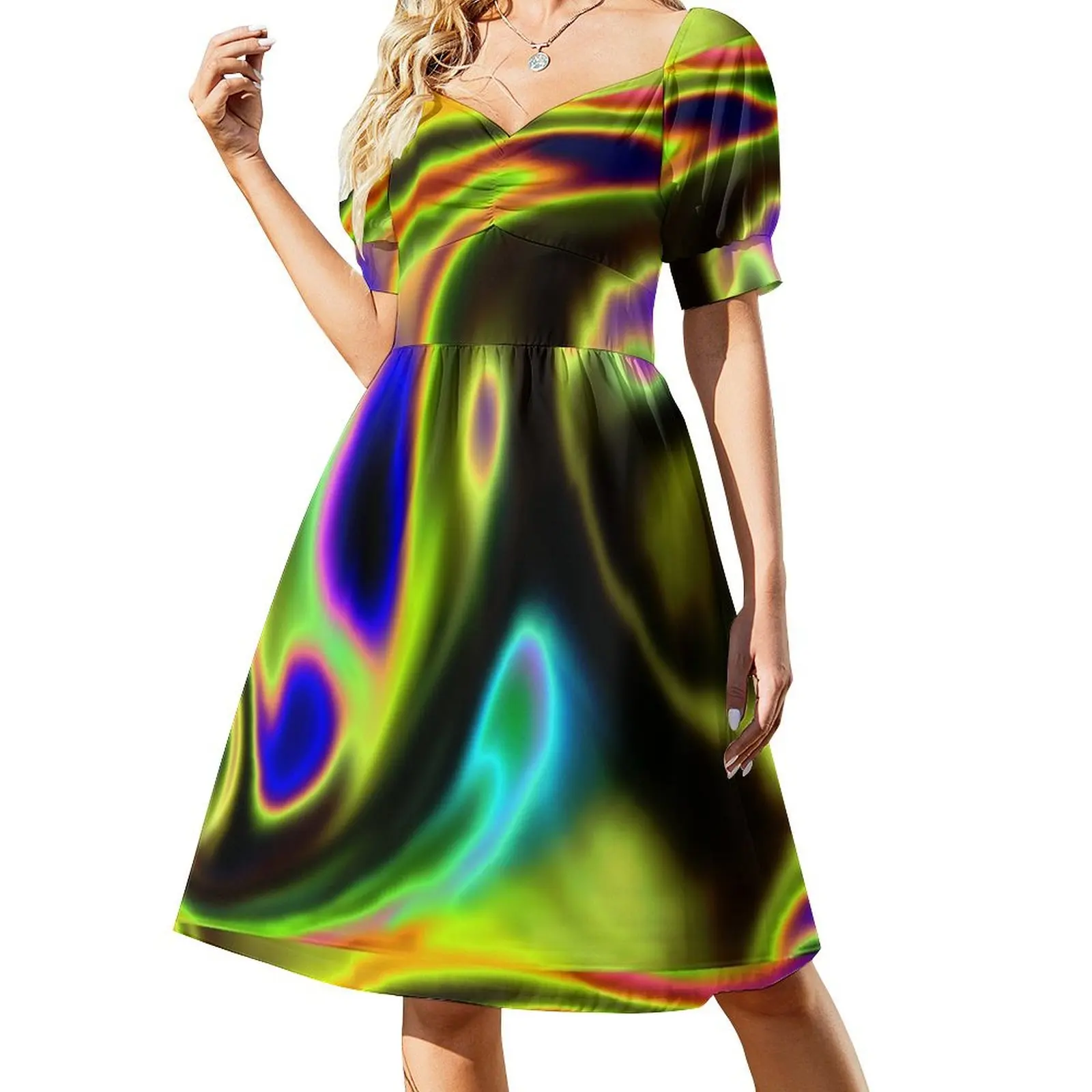 

Abstract psychedelic neon multi coloured swirls. Smoke effects. Short-Sleeved Dress birthday dress wedding dresses for woman