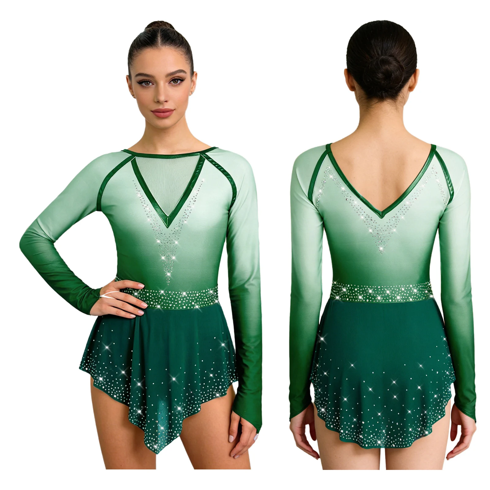 

Женское платье-боди с длинными рукавами, блестящими стразами и сетчатыми вставками для фигурного катания, балета, гимнастики, акробатики, лирического танца, туту