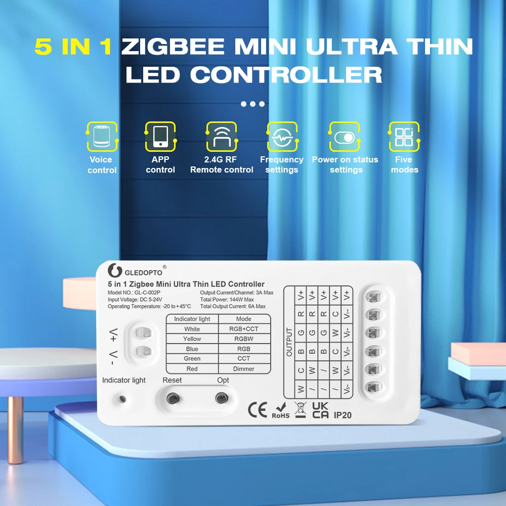 

Gledopto Smart DC5-24V Pro Mini 5 in 1 Super Thin Zigbee RGBCCT/RGBW/RGB/WWCW/Dimmer LED Controller APP/Voice/RF Remote Control