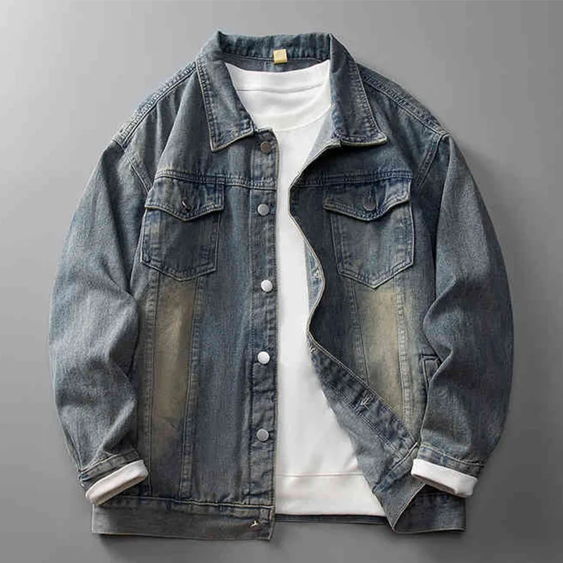

Men Blue Denim Jacket Spring Autumn New American Retro Casual Loose Pockets Coats Fashion Versatile Single Breasted Lapel Tops